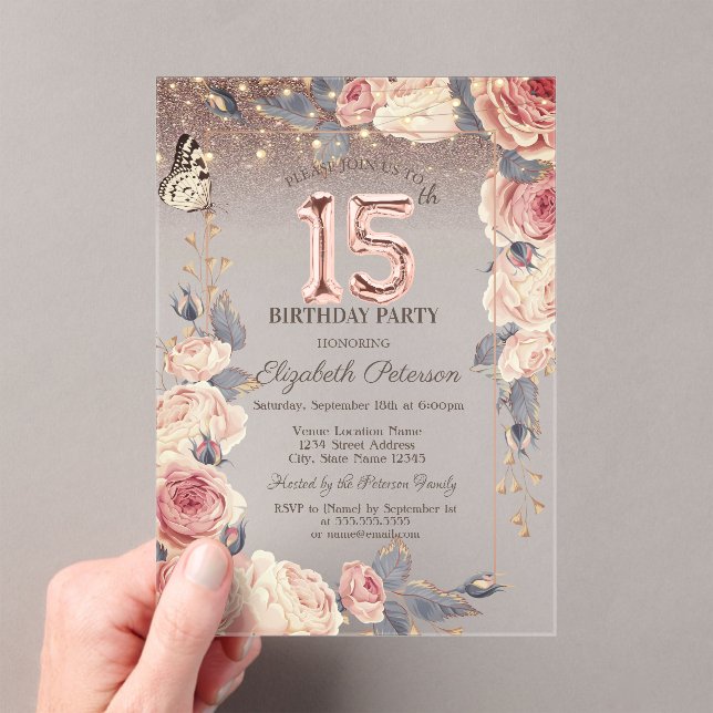 Invitations En Acrylique Luxury Floral,Butterfly,Lights 15th Birthday  (In situ (ordinateur de poche))