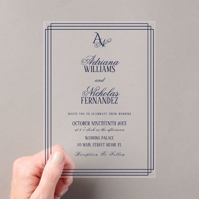 Invitations En Acrylique Luxury Monogram Blue Wedding (In situ (ordinateur de poche))