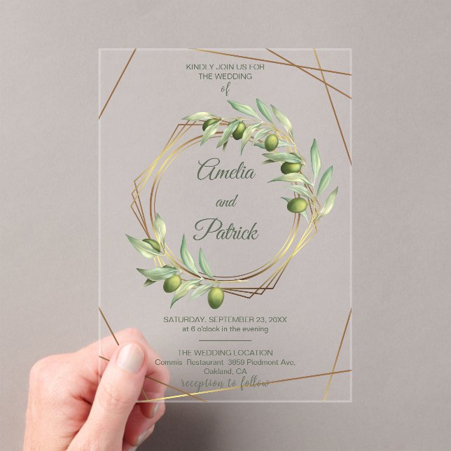 Invitations En Acrylique Luxury Olive Branch Geometric Gold Wedding (In situ (ordinateur de poche))