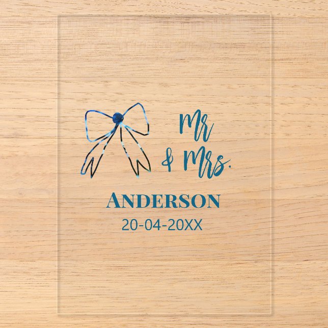 Invitations En Acrylique M & Mme ajoutent nom date cadeau de mariage nœud b (Recto)