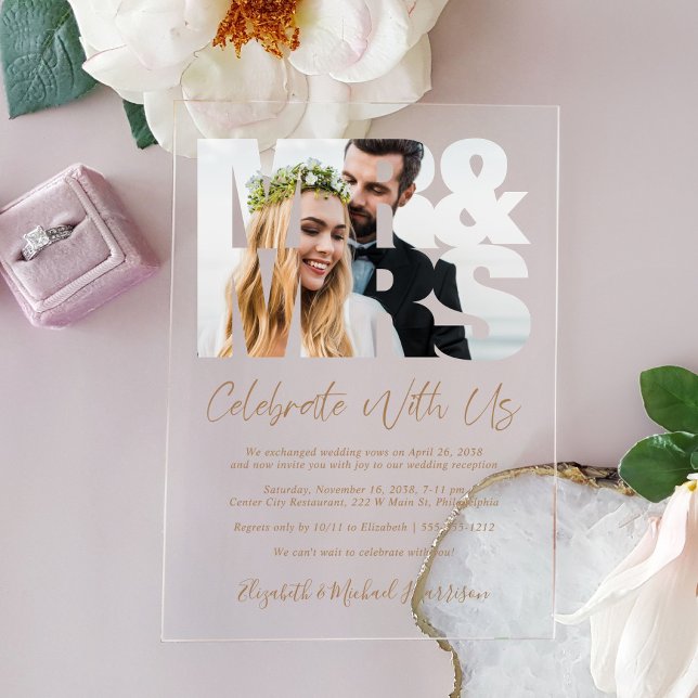 Invitations En Acrylique M. Mme Photo Gold Script Mariage Réception (Make your wedding reception unforgettable with stunning acrylic invitations—modern, elegant, unique!)