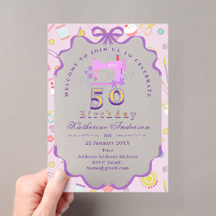 Invitations En Acrylique Machine à coudre de couturière anniversaire Violet