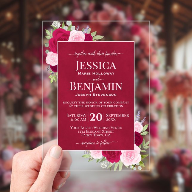 Invitations En Acrylique Magenta & Pink Boho Roses Stylish Text Wedding (Clear Acrylic with Rectangle Cut)