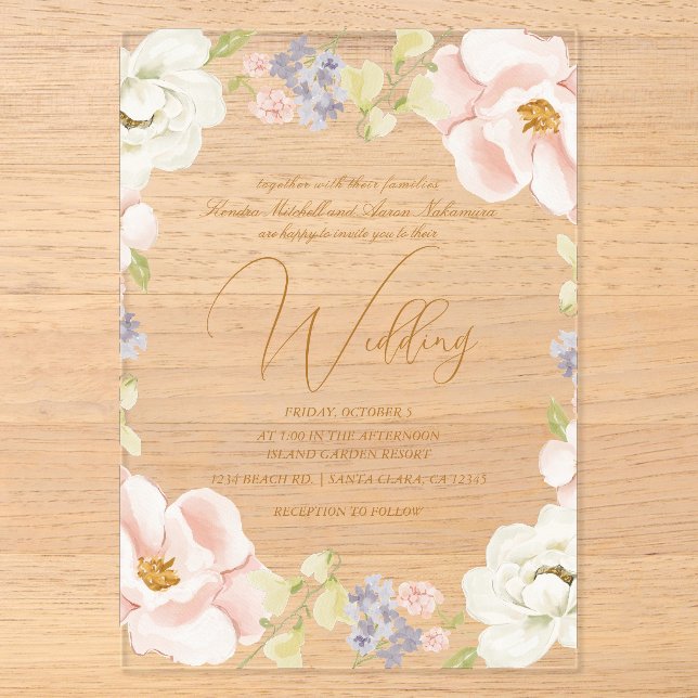 Invitations En Acrylique Magnifique Fleur de Magnolia Mariage de Printemps  (Recto)