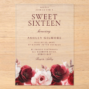 Invitations En Acrylique Magnifique Fleur de Rouge et Blush Sweet 16 Annive