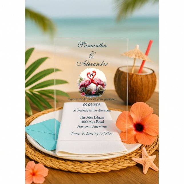 Invitations En Acrylique Magnifique mariage d'amour aux flamants roses (Créateur téléchargé)