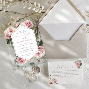 Invitations En Acrylique Magnifique mariage floral aquarelle rose tendre