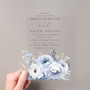 Invitations En Acrylique Magnifique mariage floral bleu poussiéreux