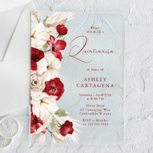 Invitations En Acrylique Magnifique Quinceanera Florale Rouge et Blanche