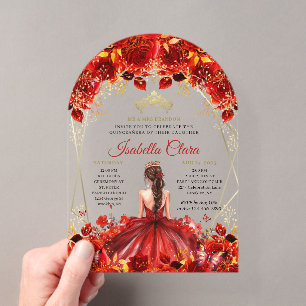 Invitations En Acrylique Magnifique Quinceanera Florale Rouge et Or
