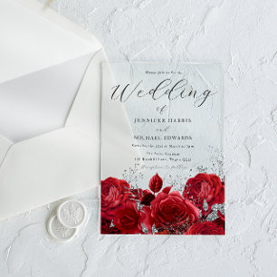 Invitations En Acrylique Magnifiques roses rouges et mariage argent