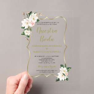 Invitations En Acrylique Magnolia doré élégant Nuestra Boda espagnol