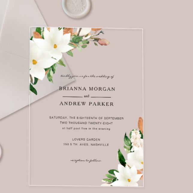 Invitations En Acrylique Magnolia Floral Élégant (Elegant Floral Magnolia Acrylic Invitations)