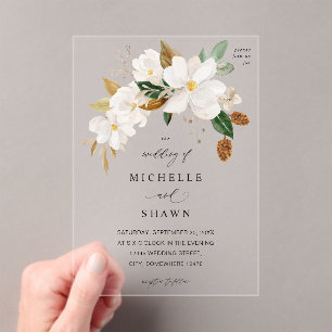 Invitations En Acrylique Magnolia White Floral Mariage