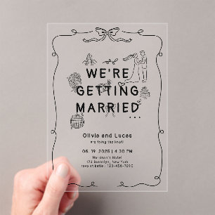 Invitations En Acrylique Main romantique dessinée Whimsical Black Blanc Mar