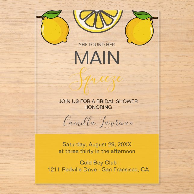 Invitations En Acrylique Main Squeeze Tropical Citrus Lemon Bridal Shower  (Recto)