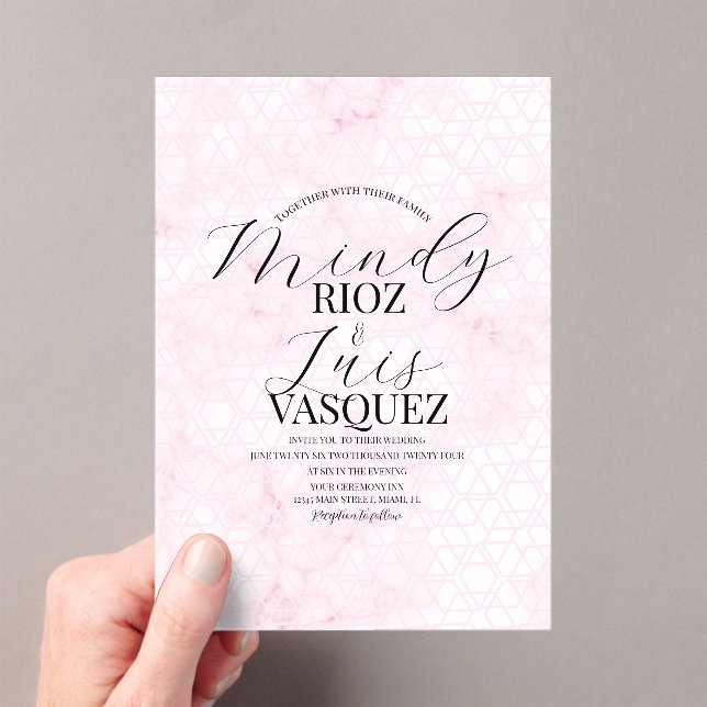Invitations En Acrylique Marble Abstract Pink Wedding Script Black  (In situ (ordinateur de poche))
