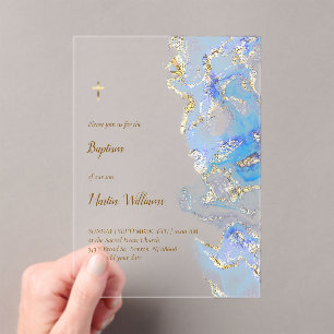 Invitations En Acrylique marbre bleu pastel Baptême