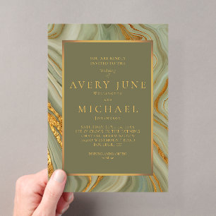 Invitations En Acrylique Marbre Onyx Vert Sauge Avec Or