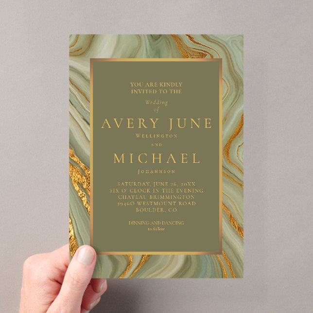 Invitations En Acrylique Marbre Onyx Vert Sauge Avec Or (In situ (ordinateur de poche))