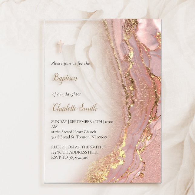 Invitations En Acrylique marbre rose | Baptême (Créateur téléchargé)