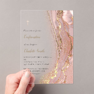 Invitations En Acrylique marbre rose   Confirmations