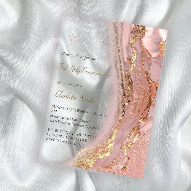Invitations En Acrylique marbre rose | Première sainte communion (Créateur téléchargé)