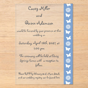 Invitations En Acrylique Marguerites et Papillons dans un Mariage Pervenche