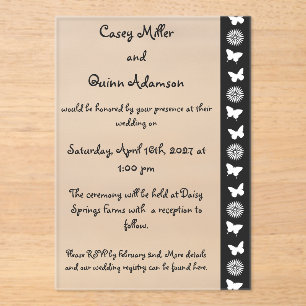 Invitations En Acrylique Marguerites et Papillons en Acrylique Noir Mariage