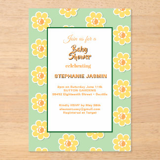 Invitations En Acrylique Marguerites printanières sur fond vert sauge paste