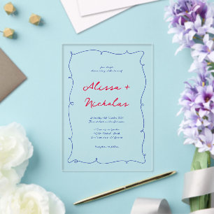 Invitations En Acrylique Mariage à bordure dessinée à la main rouge et bleu