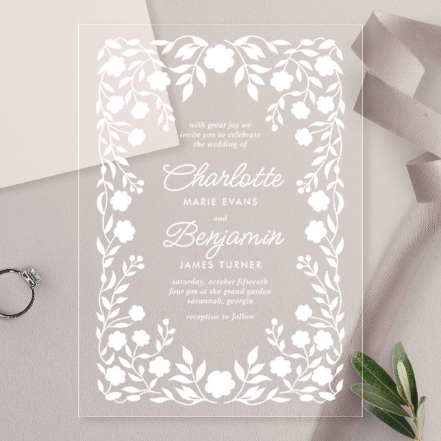 Invitations En Acrylique Mariage à bordure florale ornée blanche (Créateur téléchargé)