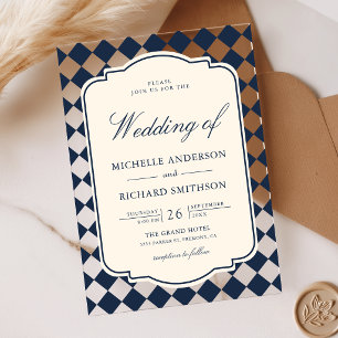 Invitations En Acrylique Mariage à carreaux bleu marine ivoire à l'ancienne