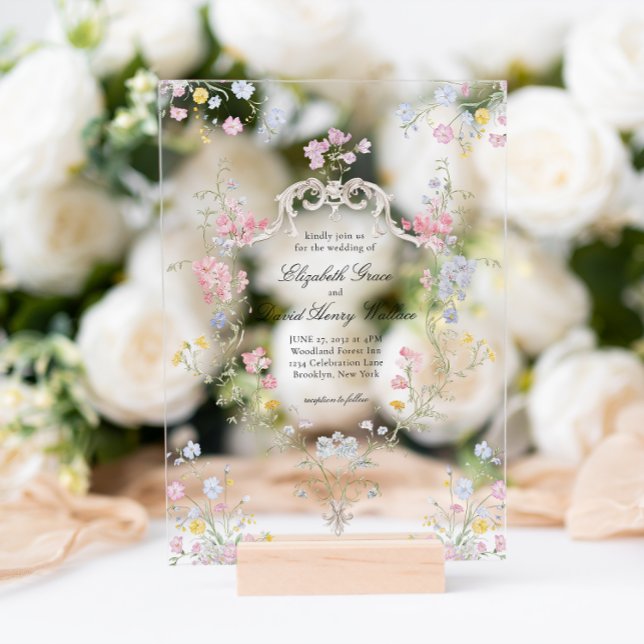 Invitations En Acrylique Mariage à crête florale rococo élégant et fantaisi (Créateur téléchargé)