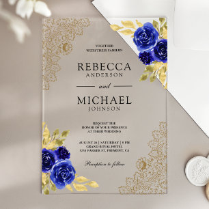 Invitations En Acrylique Mariage à la dentelle dorée et fleurs bleues royal