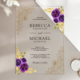 Invitations En Acrylique Mariage à la dentelle dorée et fleurs de pourpre r