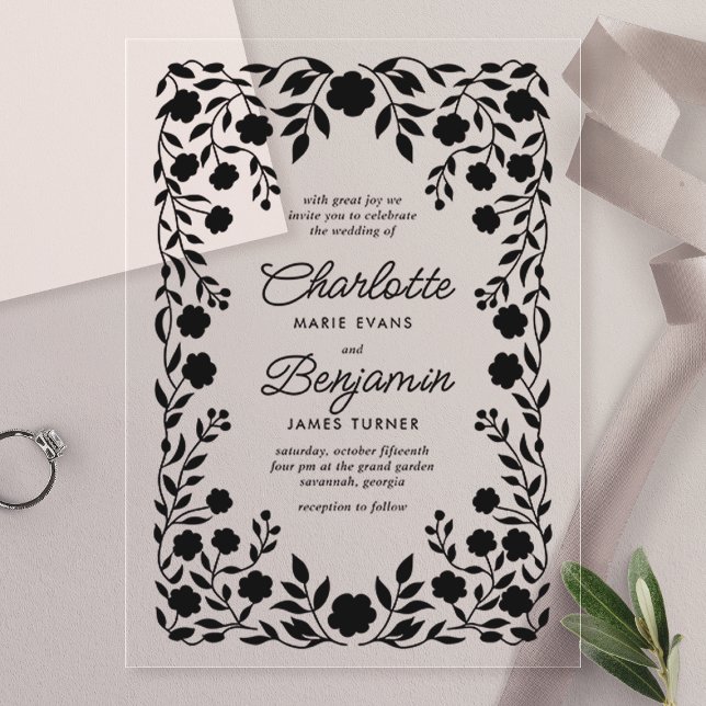 Invitations En Acrylique Mariage à la frontière florale ornée noire (Créateur téléchargé)