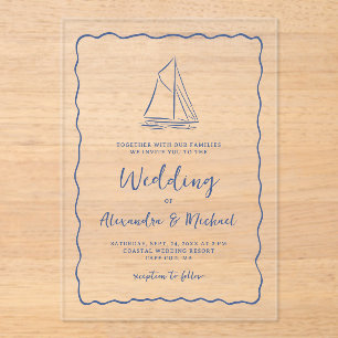 Invitations En Acrylique Mariage à la Main Bateau à Voile Nautique Bleu Mar