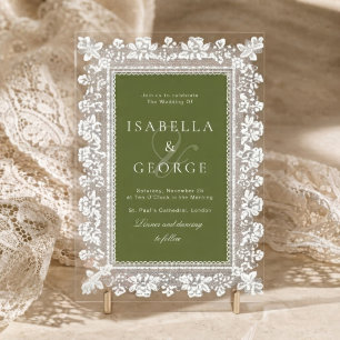 Invitations En Acrylique Mariage à l'ancienne en dentelle vert olive Argent