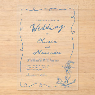 Invitations En Acrylique Mariage à l'ancre nautique dessinée à la main de m