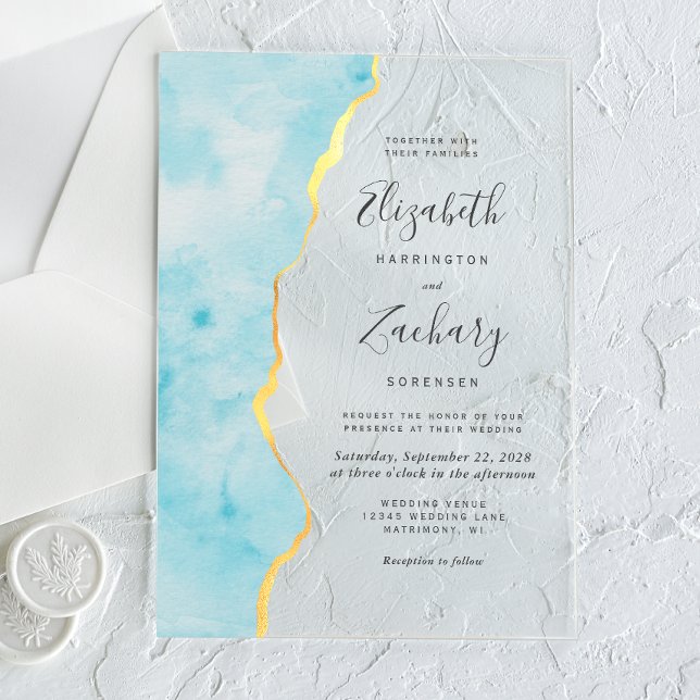 Invitations En Acrylique Mariage à l'aquarelle moderne Agate Bleu Aqua (Créateur téléchargé)