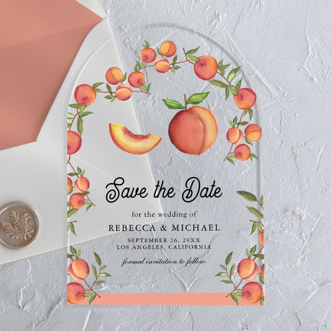 Invitations En Acrylique Mariage à l'arc de fruits de pêche Enregistrer la  (Créateur téléchargé)