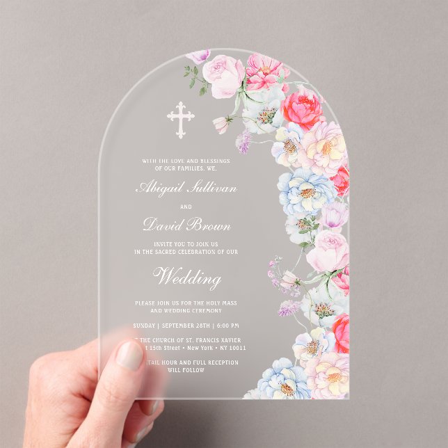 Invitations En Acrylique Mariage à l'arche de fleurs à l'aquarelle (In situ (ordinateur de poche))