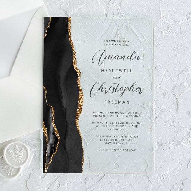 Invitations En Acrylique Mariage à l'écriture Agate Noir Or (Créateur téléchargé)