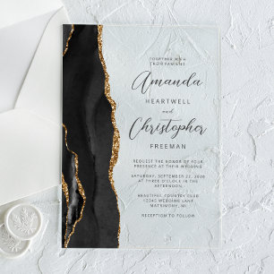 Invitations En Acrylique Mariage à l'encre noire et or Agate