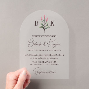 Invitations En Acrylique Mariage à monogramme de brin de fleur sauvage rose