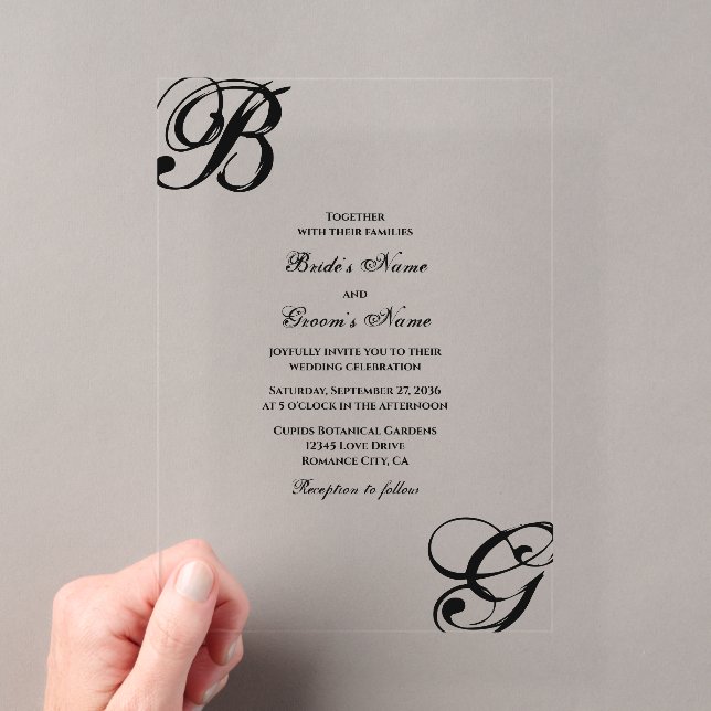 Invitations En Acrylique Mariage à monogramme en script noir et blanc (In situ (ordinateur de poche))
