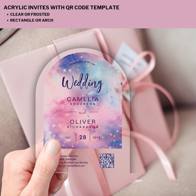 Invitations En Acrylique MARIAGE ACRYLIC étoile rose nuit bleu QRCode RSVP (Créateur téléchargé)