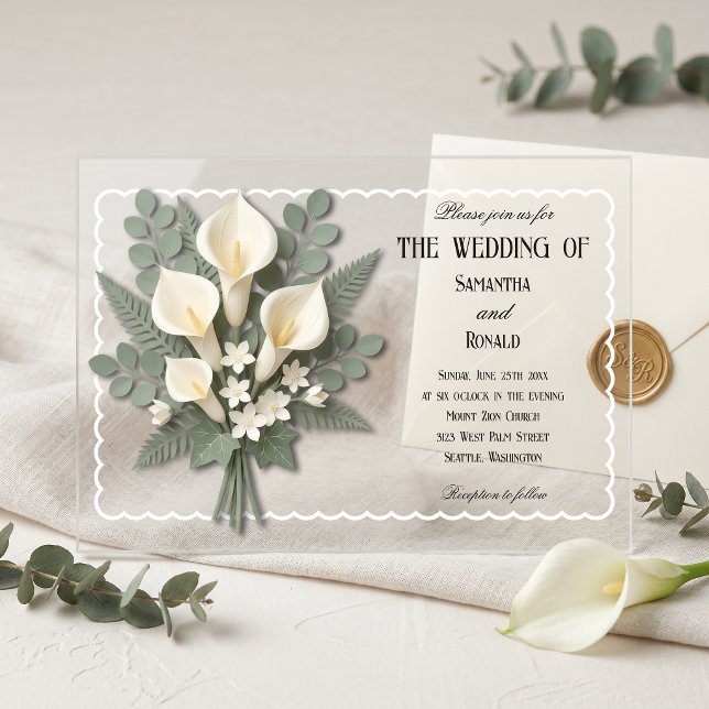 Invitations En Acrylique Mariage Acrylique Élégant de Lys de Calla Blancs (Créateur téléchargé)