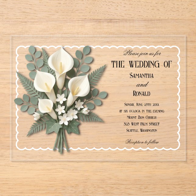 Invitations En Acrylique Mariage Acrylique Élégant de Lys de Calla Blancs (Recto)